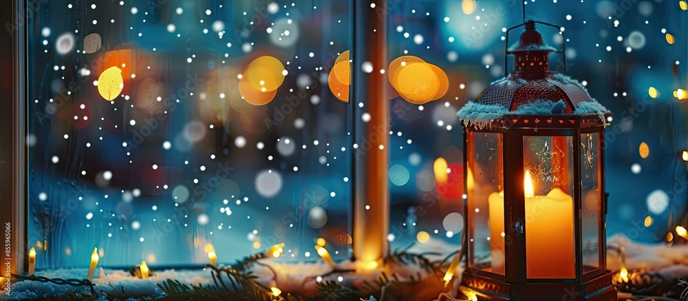 Sticker Christmas lantern with snowfall, candles, view from the window on the night street. Blurred background lights. Copy space image. Place for adding text and design