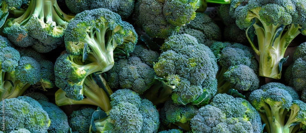 Poster closeup of pile of broccoli in the supermarket. fresh raw broccoli for cooking. pastel background. c
