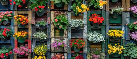 Fototapeta premium Beautiful flowerbed made of shelves, outdoors. Waste recycling concept. Copy space image. Place for adding text and design