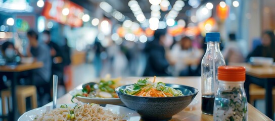 This image shows a shopping mall's food court with many dining choices and seating areas, with a blurred background of customers eating.