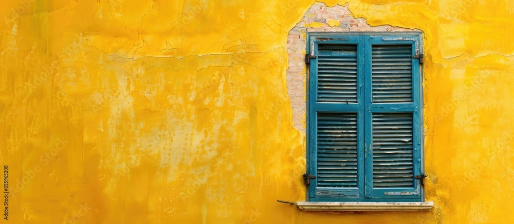 Poster italian style window on yellow wall. copy space image. place for adding text and design