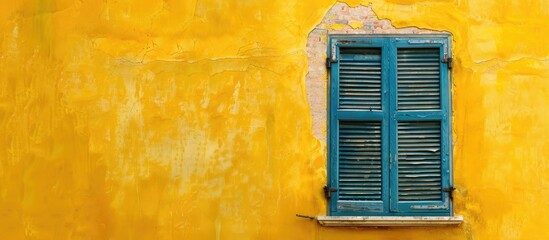 Italian style window on yellow wall. Copy space image. Place for adding text and design