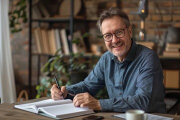 Fototapeta premium Smiling adult man with glasses studying on wooden table writing in a book.