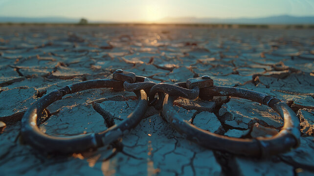 Old handcuffs on cracked, dry ground at sunset.