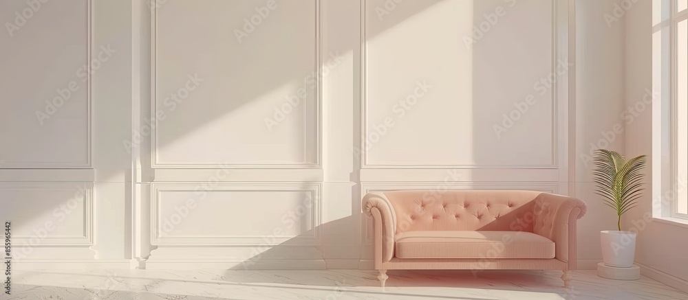 Poster peach sofa in a white room on a background of a white mirror. bright interior. copy space image. pla