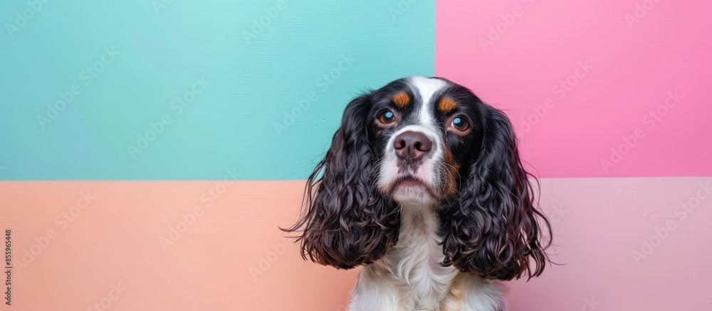 Poster young spaniel on a pastel background. isolated. dog. copy space image. place for adding text and des