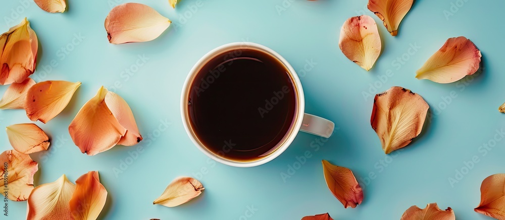 Poster coffee cup and flower petals. minimal concept. flat lay. copy space image. place for adding text and