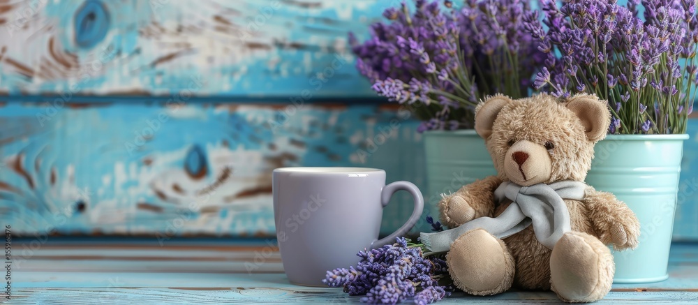 Poster lavender in vast and coffee cup with bear doll. copy space image. place for adding text and design