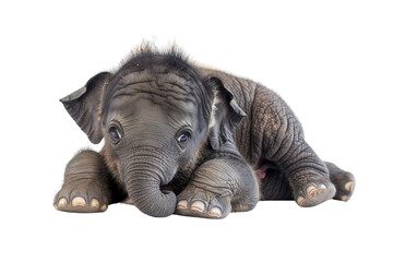 Adorable baby elephant resting on the ground, isolated on a transparent background. Perfect for wildlife and nature-themed content.