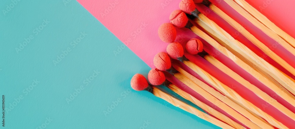Poster some matchs isolated on pastel background isolated. copy space image. place for adding text and desi