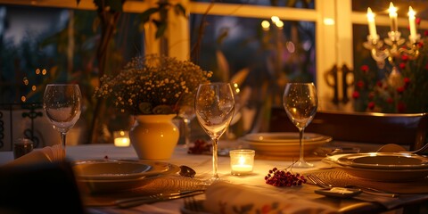 Obraz premium A table with a candle lit on it and a vase of flowers. There are four wine glasses and four plates. The table is set for a dinner party
