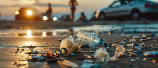 A community cleanup event where volunteers collect plastic waste from a beach, demonstrating reducing plastic use, green initiatives, and reducing pollution