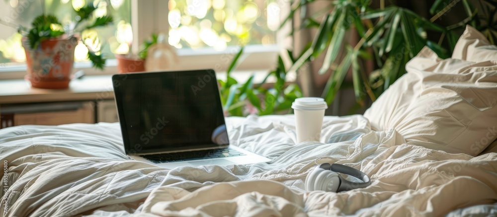 Poster Comfortable bed with laptop, cup and earphones in stylish room. Copy space image. Place for adding text and design