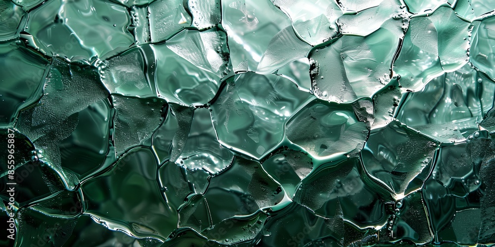 Poster a close up of a glass surface with a pattern of cracks and water droplets. concept of fragility and 