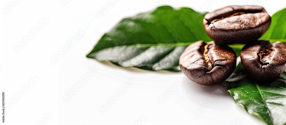 Aufkleber close-up fo two coffee beans with leaves, isolated on white background. copy space image. place for 