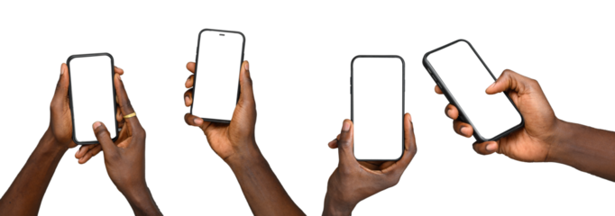 Group of Black Hand holding the black smartphone iphone with blank screen and modern frameless design in two rotated perspective positions - isolated on white background 