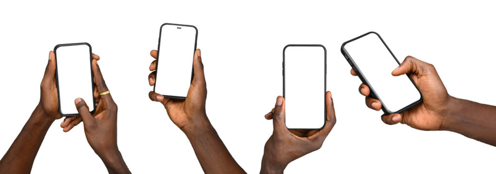 Group of Black Hand holding the black smartphone iphone with blank screen and modern frameless design in two rotated perspective positions - isolated on white background 