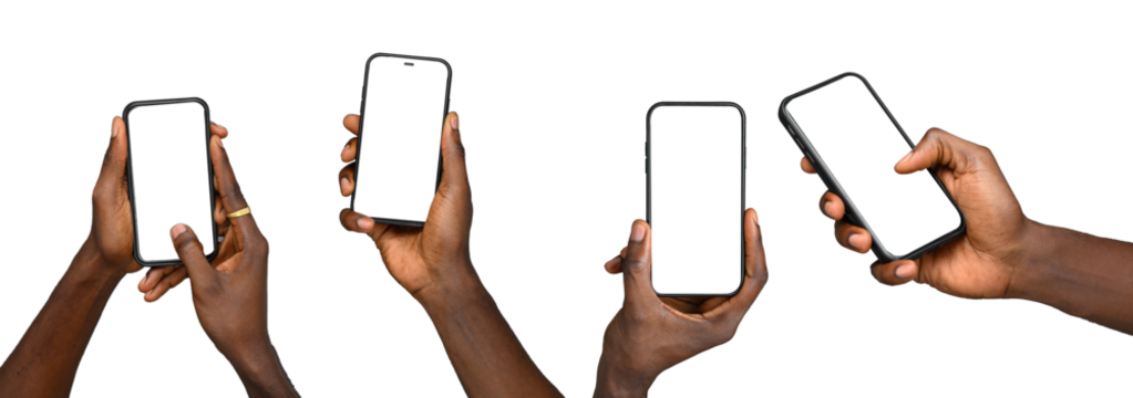 Group of Black Hand holding the black smartphone iphone with blank screen and modern frameless design in two rotated perspective positions - isolated on white background 