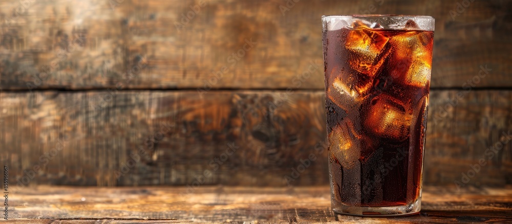 Wall mural glass of cold cola soft drink with ice on wooden background. Copy space image. Place for adding text or design