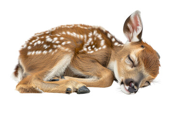 Obraz premium Close-up of a cute, young deer fawn sleeping peacefully on a transparent background. Adorable wildlife moment captured in high resolution.