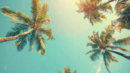 View from Below: Palm Trees Against Blue Sky
