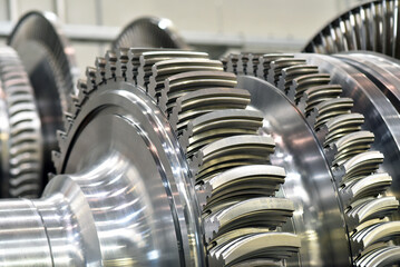 production of modern gas turbines in an industrial plant - closeup of the turbine made of steel