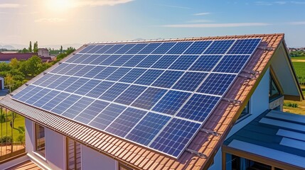 Fototapeta premium Renewable energy with solar panels on the roof for green energy production