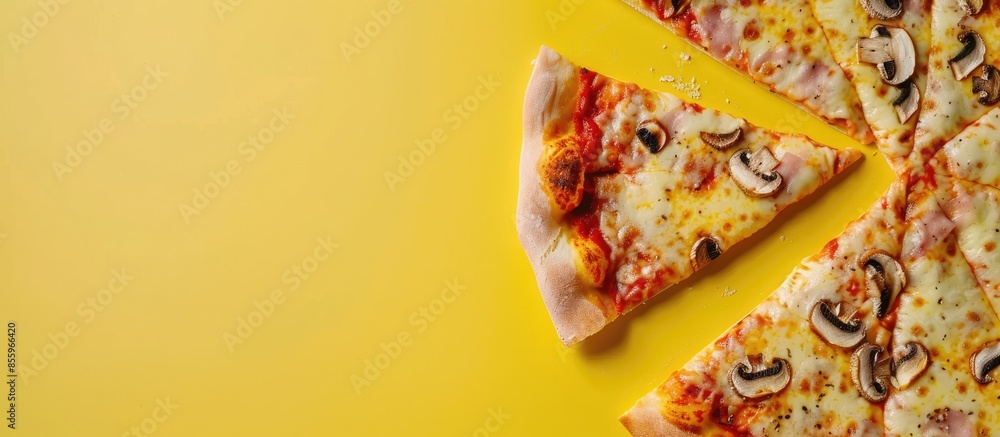 Aufkleber piece of pizza with mushrooms and artichokes pastel background. copy space image. place for adding t
