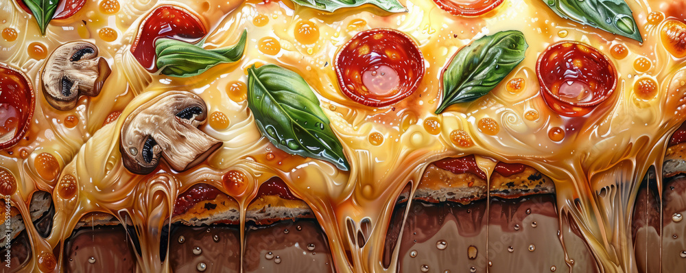 Wall mural a slice of pizza with gooey cheese, pepperoni, and mushrooms, dripping with fresh basil leaves. - Wall murals