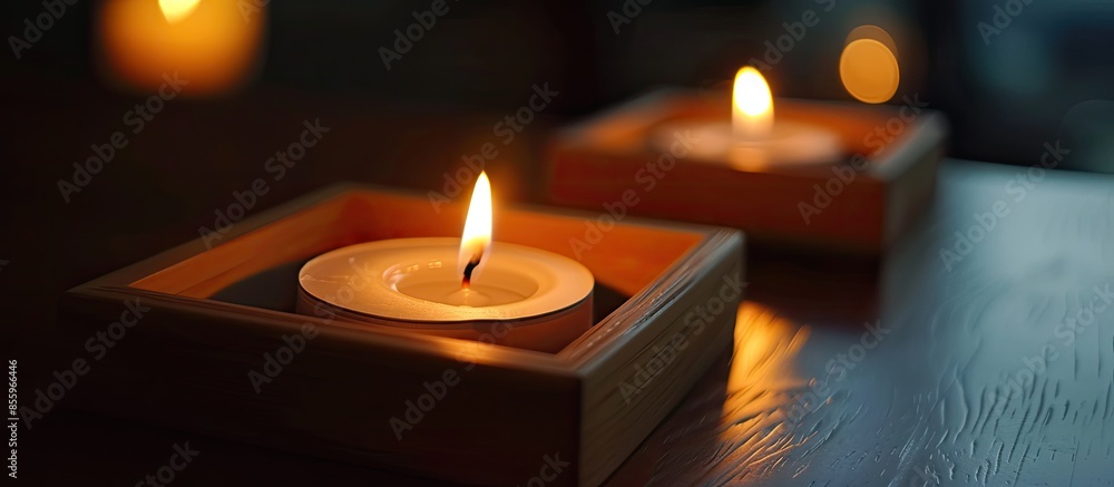 Poster small light candle decoration on wooden frame for new year eve. beautiful warm illumination in dark 