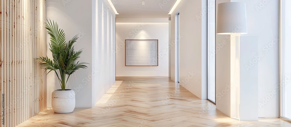 Poster interior design of hallway with white walls with lamp and mockup picture and light parquet floor in 