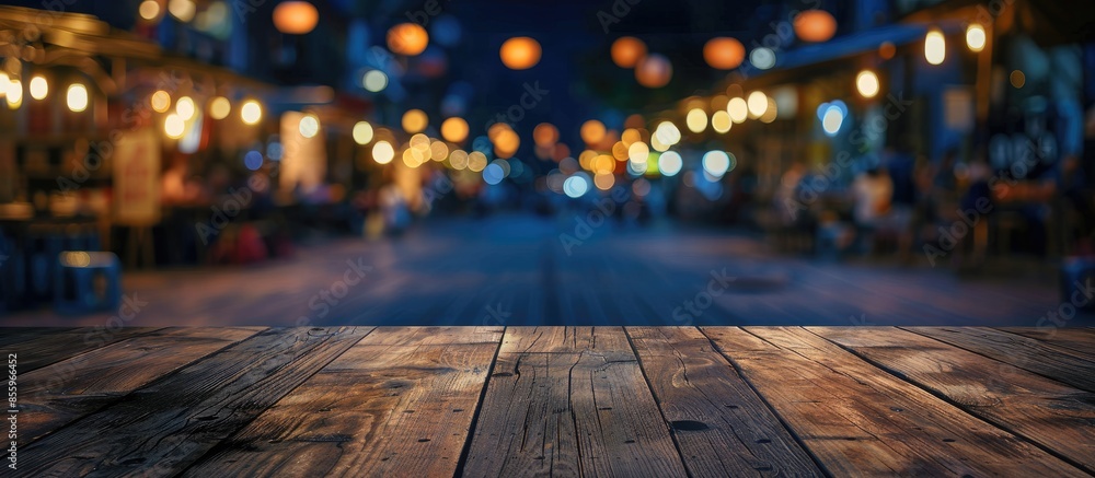 Poster empty wood table top and blur of night market background/selective focus .for montage product displa
