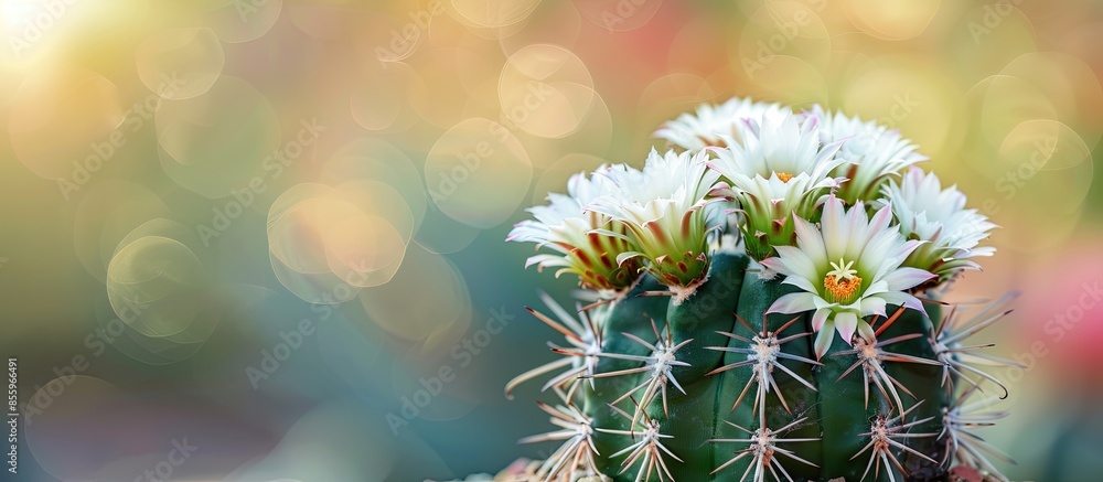 Poster small green cactus with bright white flowers and sharp spines. cultivated in pot and blur sand backg