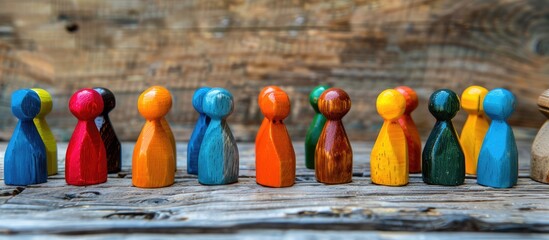 Fototapeta premium Diversity concept. Colored figures between wooden ones. Copy space image. Place for adding text and design