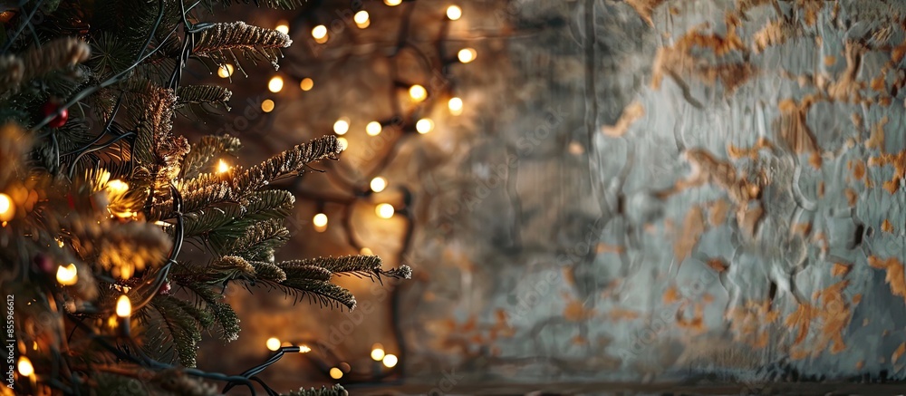 Poster luminous garland in the christmas interior. copy space image. place for adding text and design
