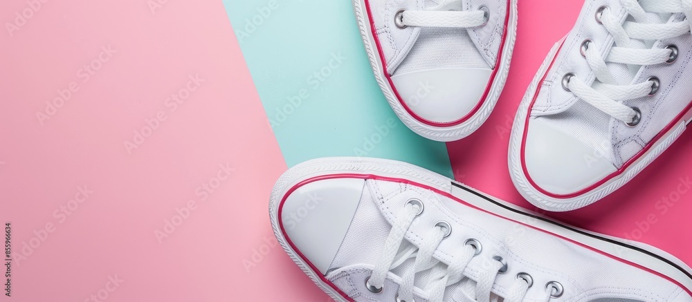 Poster white sneakers isolated on pastel background isolated. copy space image. place for adding text and d
