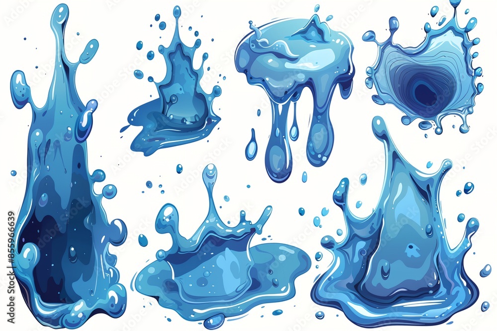 Wall mural a series of blue water droplets with varying sizes and shapes. the droplets are scattered across the