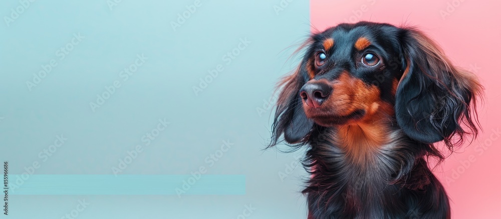 Poster longhaired wiener dog portrait. pastel background isolated. copy space image. place for adding text 