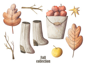 Cozy autumn elements hand painted set. Cold weather clipart collection