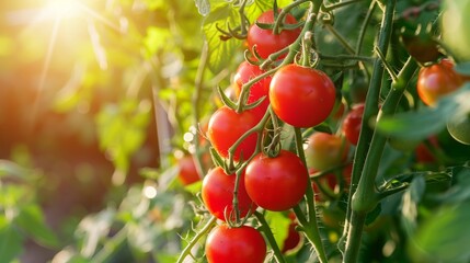 fresh, healthy and ripe red tomatoes hanging on bush plant