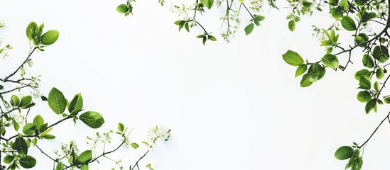 Obraz premium Blooming tree silhouette made of green Leaves on white Background. Creative natur concept. Aesthetic flat lay. Copy space image. Place for adding text or design