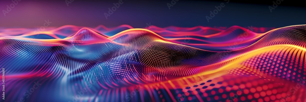 Poster a colorful, abstract image of a wave with dots and lines. the image has a futuristic, otherworldly f