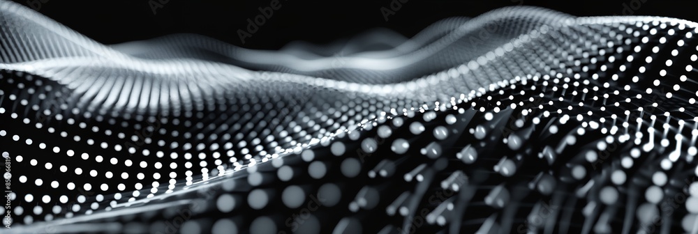 Poster a black and white image of a wave with many dots. concept of motion and energy, as if the wave is co