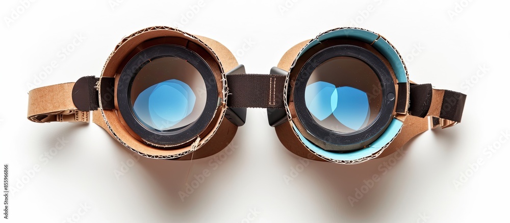 Poster diy virtual reality headset. pre-cut cardboard and bi-convex lenses. isolated over a white backgroun