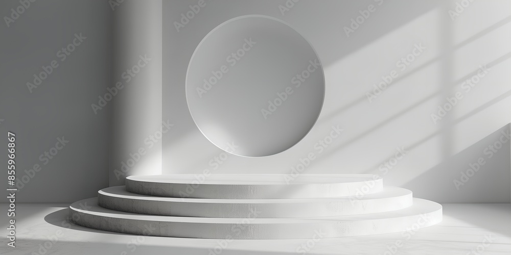 Poster a white stage with a large circular hole in the middle. the stage is empty and the light is shining 