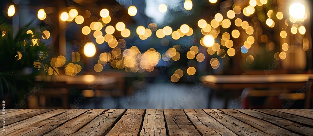 Poster picture of a brown wood table in front of a cafe. blurred background with bokeh lights. copy space i