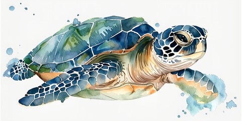 A turtle is swimming in the ocean. The turtle is blue and green