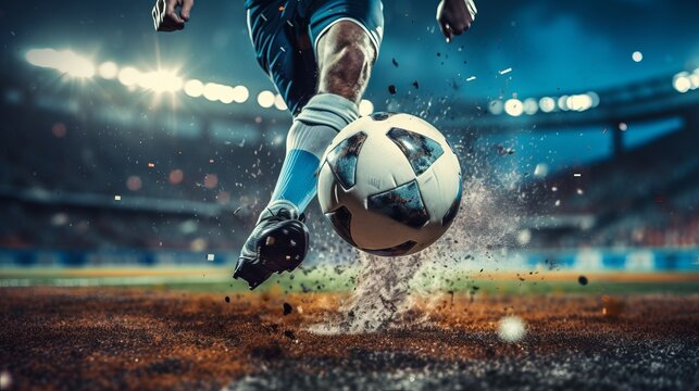 A football is played at speed by the player in the stadium