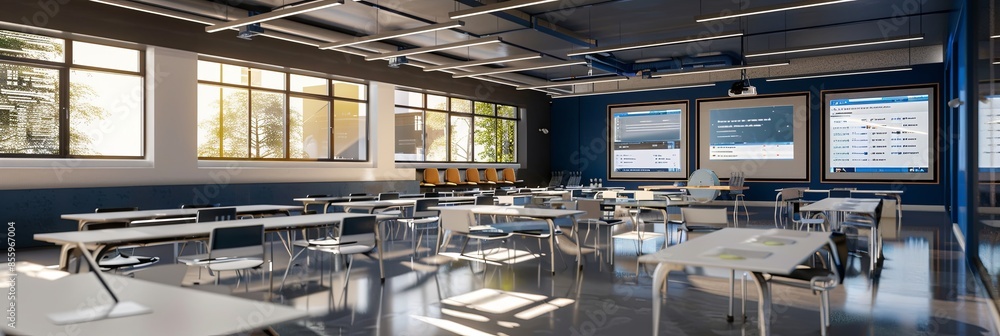 Poster a contemporary classroom or study space designed for modern learning, featuring interactive panels a