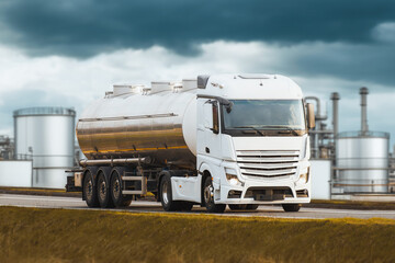 Stainless Steel Tanker Truck on the Road with Oil Refinery in the Background